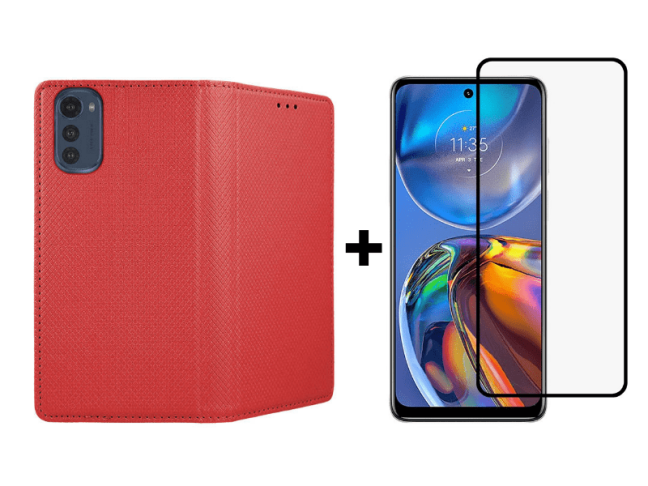 9D SKLO + PUZDRO 2v1 pre Motorola Moto E32 / E32s - Knižkové Magnet červené