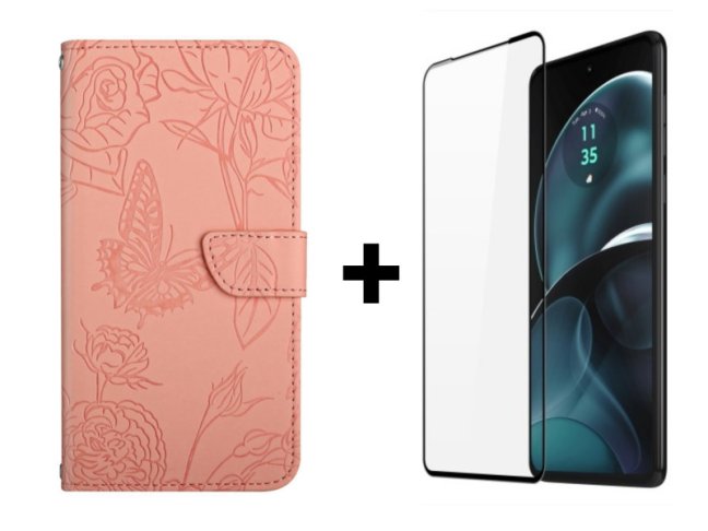 9D SKLO + PUZDRO 2v1 pre Motorola Moto G14 - Knižkové Butterfly ružové