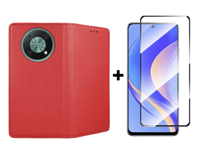 9D SKLO + PUZDRO 2v1 pre Huawei Nova Y90 - Knižkové Magnet červené