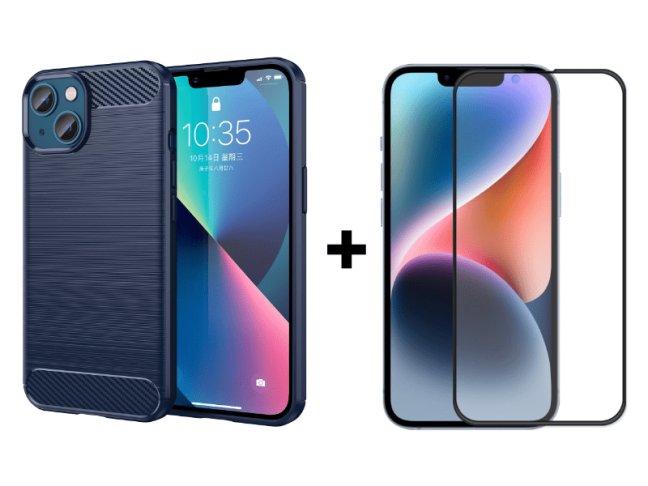 9D SKLO + PUZDRO 2v1 pre Apple iPhone 14 Plus - Silikónové carbon modré