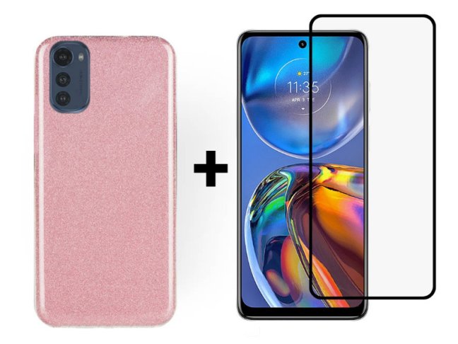 9D SKLO + PUZDRO 2v1 pre Motorola Moto E32 / E32s - Silikónové GLITTER ružové