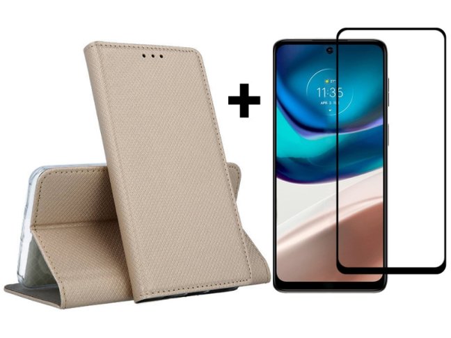 9D SKLO + PUZDRO 2v1 pre Motorola Moto G42 - Knižkové Smart Magnet zlaté