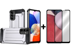 SKLO + KRYT 2v1 pre Samsung Galaxy A14 4G / A14 5G - Tvrdený Zadný kryt HYBRID sivý