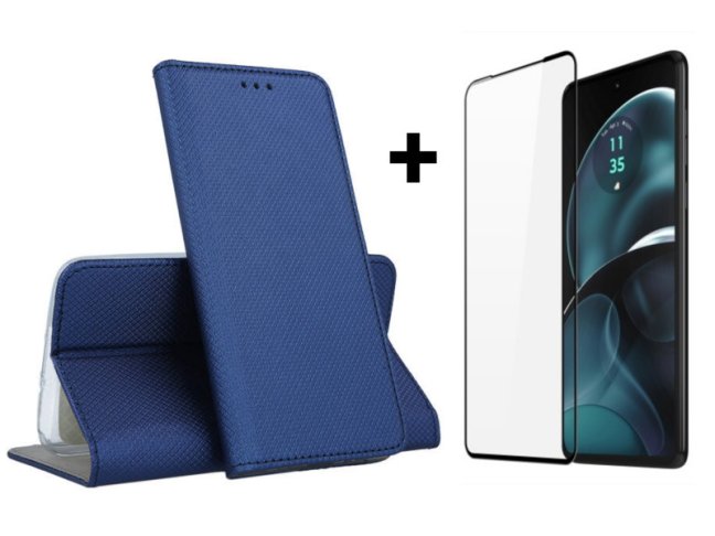 9D SKLO + PUZDRO 2v1 pre Motorola Moto G14 - Knižkové SMART MAGNET modré