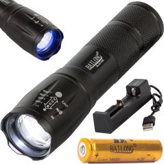 Taktická baterka bailong zoom cree led q3 uv test