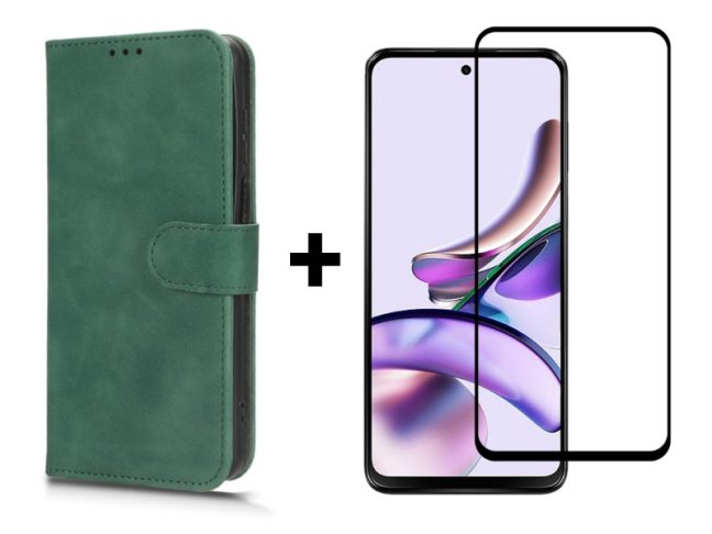 9D SKLO + PUZDRO 2v1 pre Motorola Moto G23 / G13 - Knižkové puzdro SOLID zelené