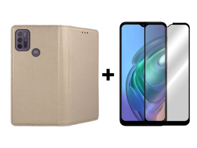 9D SKLO + PÚZDRO 2v1 pre Motorola Moto G10 / G20 / G30 Knižkové zlaté