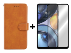 9D SKLO + PUZDRO 2v1 pre Motorola Moto G22 - Knižkové Solid hnedé