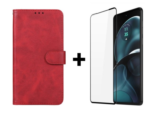 9D SKLO + PUZDRO 2v1 pre Motorola Moto G14 - Knižkové SOLID červené