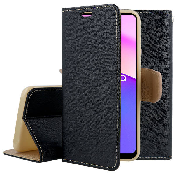 9D SKLO + PUZDRO 2v1 pre Motorola Moto E32 / E32s - Knižkové FANCY čierno zlaté