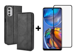 9D SKLO + PUZDRO 2v1 pre Motorola Moto E32 / E32s - Knižkové Retro čierne