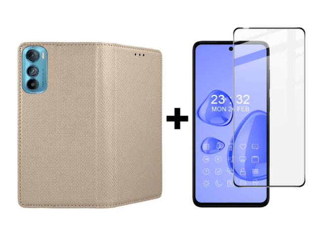 9D SKLO + PUZDRO 2v1 pre Motorola Edge 30 - Knižkové Smart Magnet zlaté