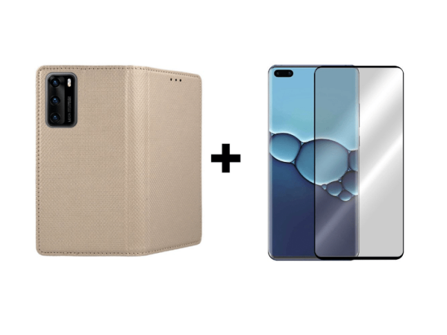 9D SKLO + PÚZDRO 2v1 pre HUAWEI P40 Knižkové zlaté