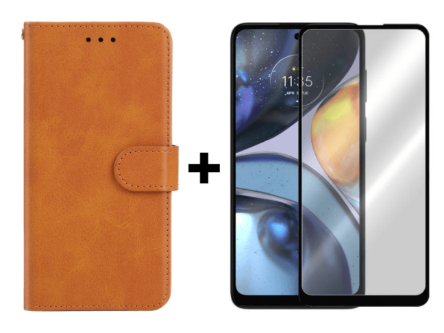 9D SKLO + PUZDRO 2v1 pre Motorola Moto G22 - Knižkové Solid hnedé