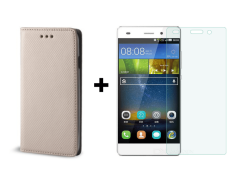 SKLO + PÚZDRO 2v1 pre HUAWEI P8 Lite Knižkové púzdro zlaté
