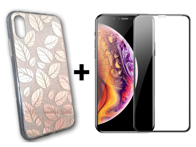 9D SKLO + KRYT 2v1 pre Apple iPhone X , XS -  GLITTER LEAVES strieborný