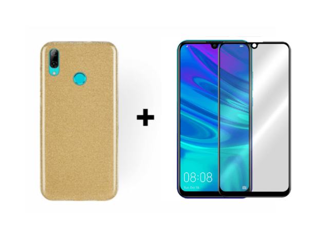 9D SKLO + PÚZDRO 2v1 pre HUAWEI P Smart (2019) / Honor 10 Lite Glitter zlaté