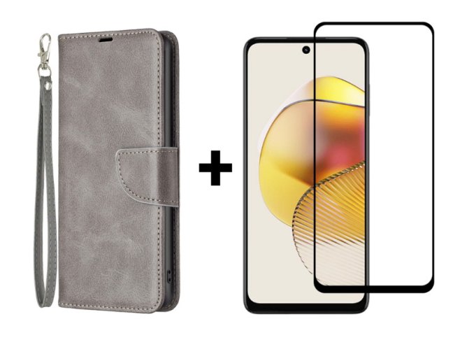 9D SKLO + PUZDRO 2v1 pre Motorola Moto G73 5G - Knižkové SOLID sivé