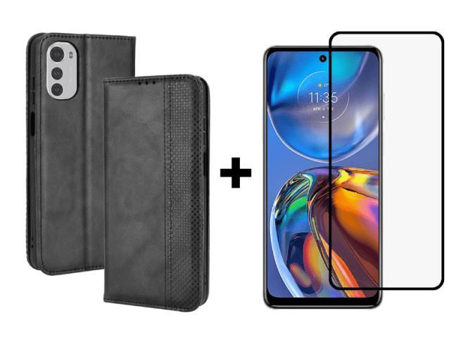 9D SKLO + PUZDRO 2v1 pre Motorola Moto E32 / E32s - Knižkové Retro čierne