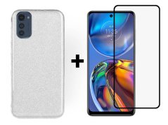 9D SKLO + PUZDRO 2v1 pre Motorola Moto E32 /E32s - Silikónové GLITTER strieborné