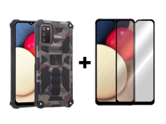 9D SKLO + PÚZDRO 2v1 pre SAMSUNG GALAXY A03s - Camouflage Armor