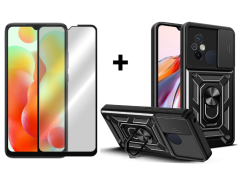 SKLO + PUZDRO 2v1 pre Xiaomi Redmi 12C - Tvrdené RING ARMOR SLIDE čierne