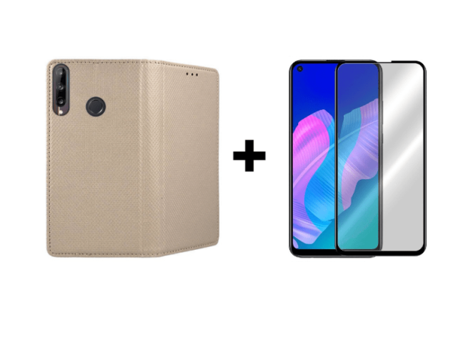 9D SKLO + PÚZDRO 2v1 pre HUAWEI P40 Lite E Knižkové zlaté