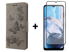 SKLO + PUZDRO 2v1 pre Motorola Moto E22 / E22i - Knižkové BUTTERFLY sivé