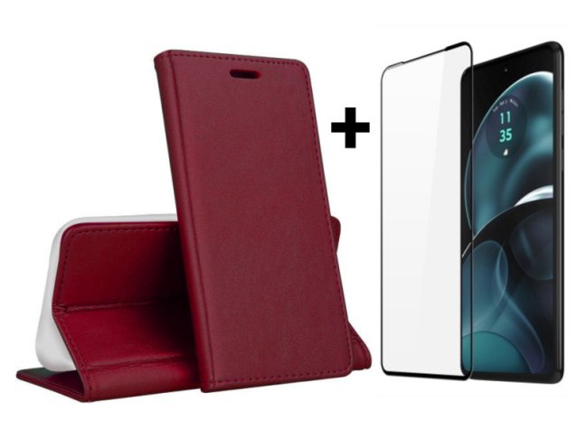 9D SKLO + PUZDRO 2v1 pre Motorola Moto G14 - Knižkové SMART MAGNETIC bordové