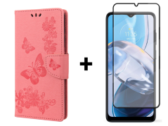SKLO + PUZDRO 2v1 pre Motorola Moto E22 / E22i - Knižkové BUTTERFLY ružové