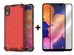 SKLO + PUZDRO 2v1 pre Samsung Galaxy A10 - Tvrdené HONEYCOMB červené