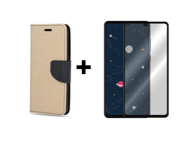 9D SKLO + PÚZDRO 2v1 pre HUAWEI P30 Lite Knižkové Fancy zlato čierne