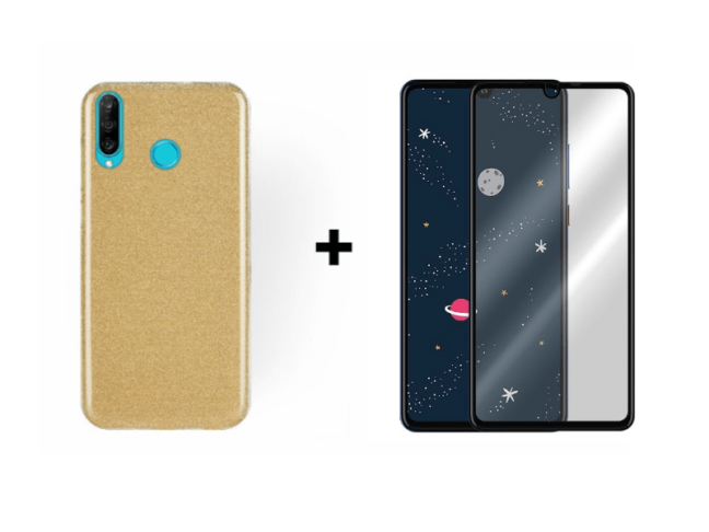 9D SKLO + PUZDRO 2v1 pre HUAWEI P30 Lite - glitter Zlaté