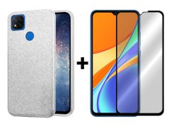 9D SKLO + PÚZDRO 2v1 pre Xiaomi Redmi 9C - Glitter strieborné