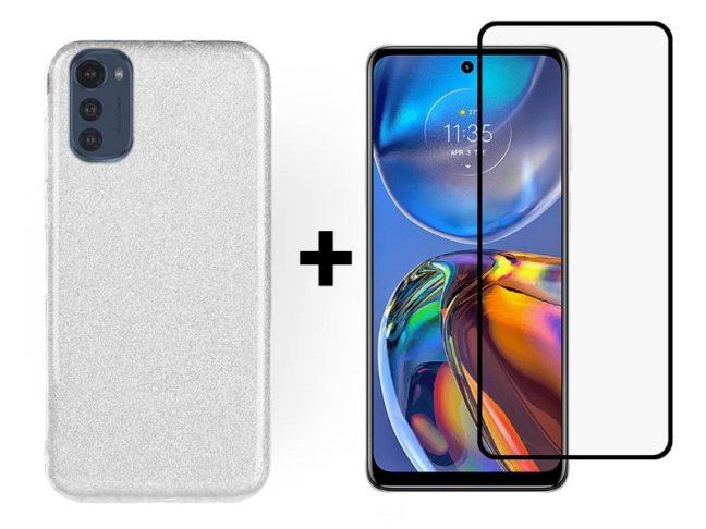 9D SKLO + PUZDRO 2v1 pre Motorola Moto E32 /E32s - Silikónové GLITTER strieborné