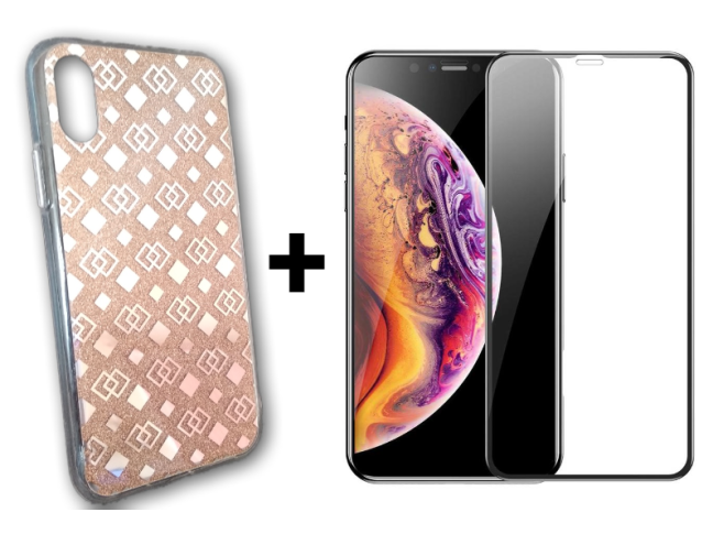 9D SKLO + KRYT 2v1 pre Apple iPhone X , XS -  GLITTER GEOMETRIC zlatý
