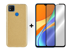 9D SKLO + PÚZDRO 2v1 pre Xiaomi Redmi 9C - Glitter zlaté
