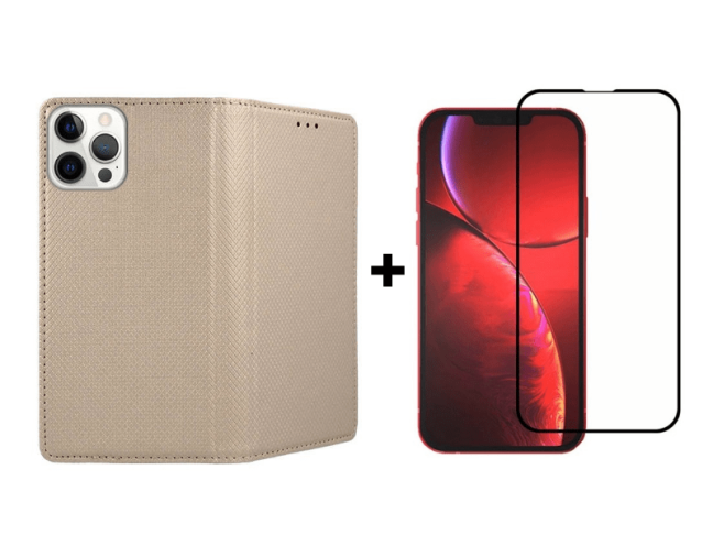 9D SKLO + KRYT 2v1 pre Apple iPhone 13 Pro - Knižkové Smart Magnet zlaté