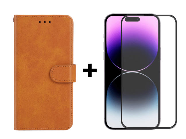 9D SKLO + PUZDRO 2v1 pre Apple iPhone 14 Pro - Knižkové solid hnedé