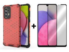 SKLO + PUZDRO 2v1 pre Samsung Galaxy A33 5G - Tvrdené HONEYCOMB červené