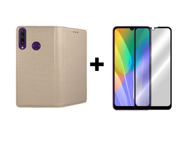 9D SKLO + PÚZDRO 2v1 pre Huawei Y6P / Honor 9A Knižkové zlaté