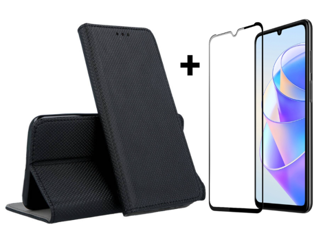 9D SKLO + PUZDRO 2v1 pre Honor X7a - Knižkové puzdro MAGNET čierne