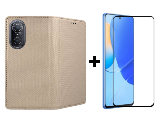 9D SKLO + PUZDRO 2v1 pre Huawei Nova 9 SE - Knižkové Smart Magnet zlaté