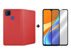 9D SKLO + PÚZDRO 2v1 pre Xiaomi Redmi 9C Knižkové púzdro červené