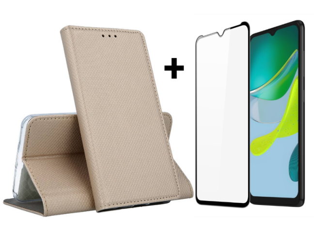 9D SKLO + PUZDRO 2v1 pre Motorola Moto E13 - Knižkové SMART MAGNET zlaté