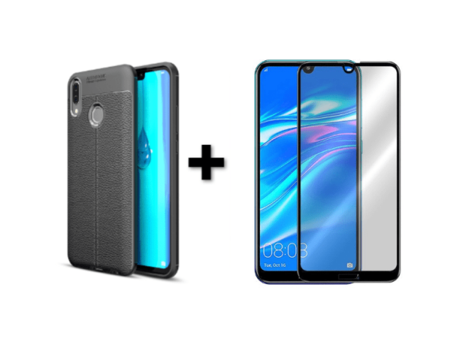 9D SKLO + PÚZDRO 2v1 pre HUAWEI Y7 2019 Litchi čierne