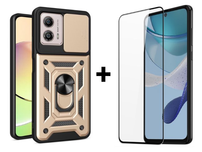 9D SKLO + PUZDRO 2v1 pre Motorola Moto G53 5G - Tvrdené RING ARMOR zlaté