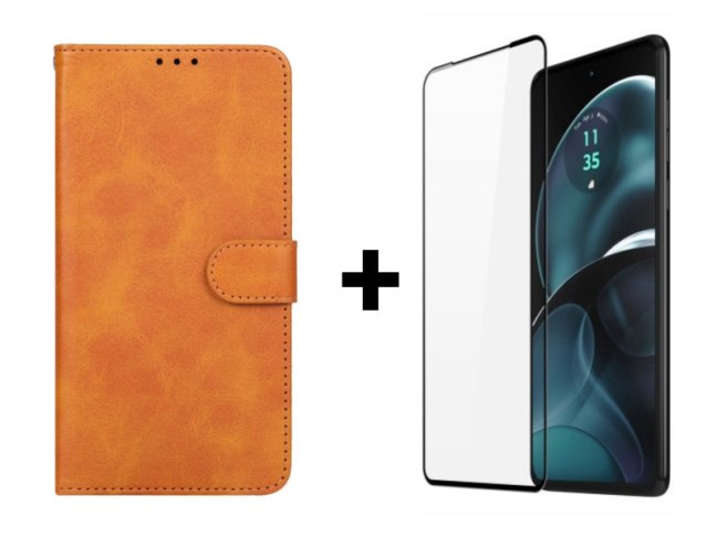 9D SKLO + PUZDRO 2v1 pre Motorola Moto G14 - Knižkové SOLID hnedé