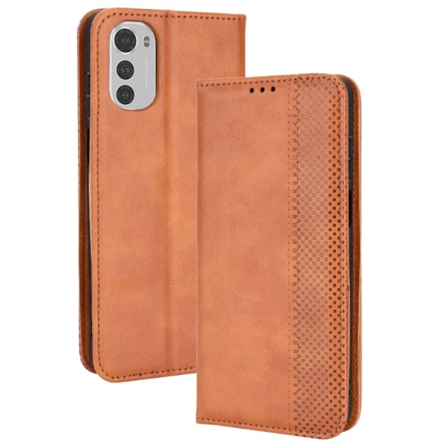 9D SKLO + PUZDRO 2v1 pre Motorola Moto E32 / E32s - Knižkové Retro hnedé