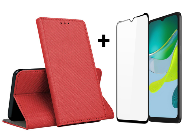 9D SKLO + PUZDRO 2v1 pre Motorola Moto E13 - Knižkové SMART MAGNET červené